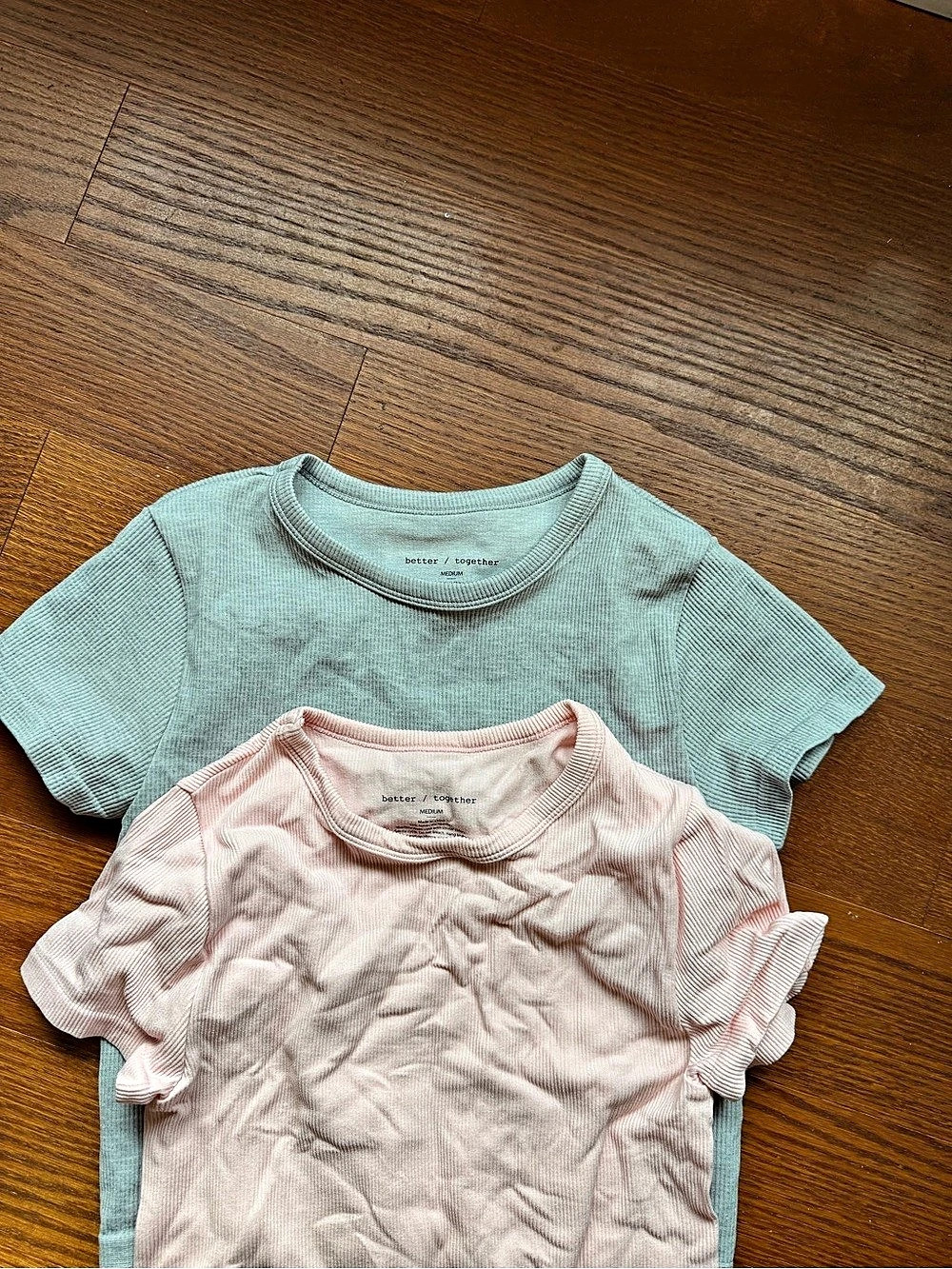 Sleeve Tees 2-Piece Set in Pink & Green stretch Ribbed tees Like New